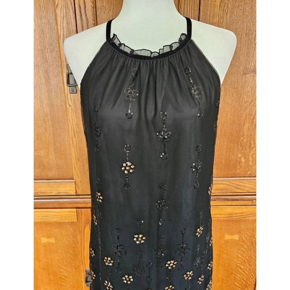 Max Studio Specialty Sz S Whimsigoth‎ Chic VTG Black Gold Halter Sequin Dress - Picture 3 of 13